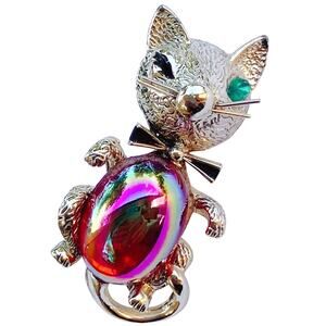 Vintage Cat Brooch Mid Century Jelly Belly Glass Pin Gold Tone Enamel Kitschy